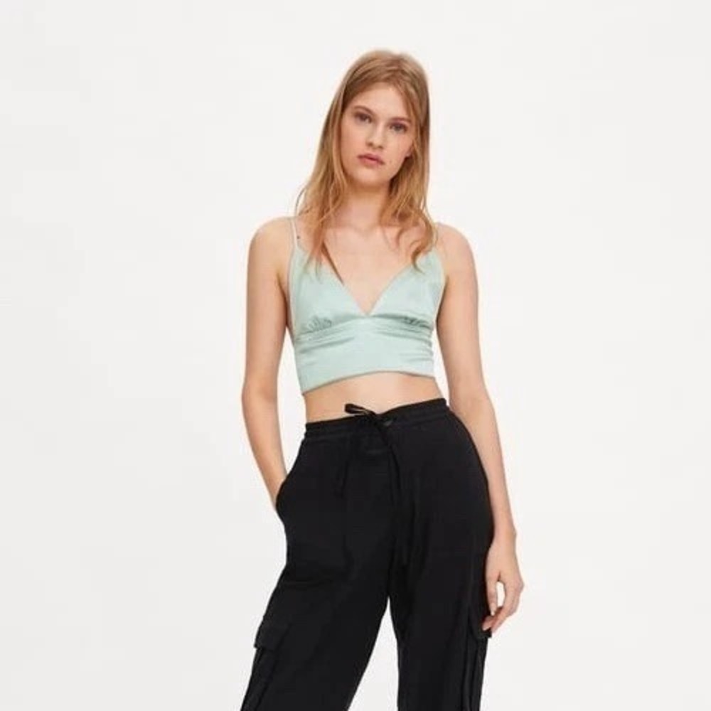 Zara Bralette Crop Top Women's Size Medium Mint Green Satin Triangle V-Neck Ruch